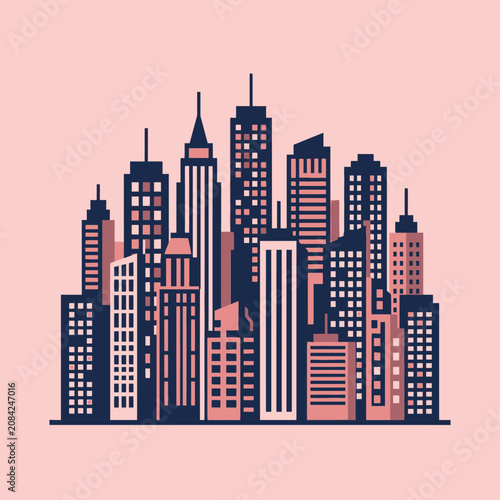 A stylized illustration of a modern city skyline at dusk