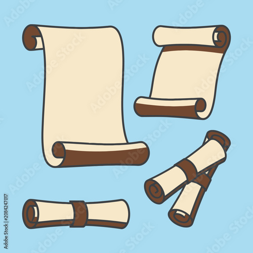 A collection of various vintage paper scrolls on blue background