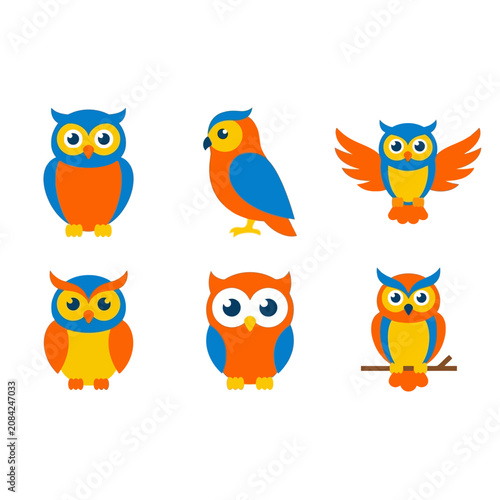 A collection of six colorful cartoon owls on white background