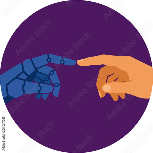 A robotic hand touches a human finger in a digital space