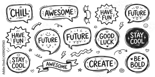 Tableau sur toile Set of hand drawn speech bubbles with positive text messages like chill awesome