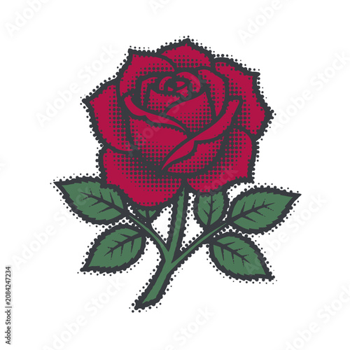 Red rose flower illustration with retro halftone dot pattern