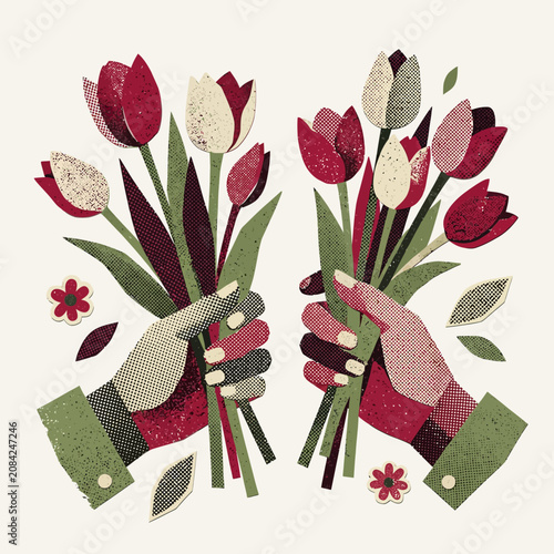 Retro illustration of two hands holding colorful tulip bouquets
