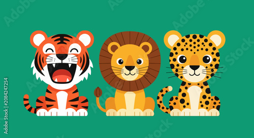 Canvas Print Cute Cartoon Wild Animals Set Featuring Tiger Lion and Cheetah.