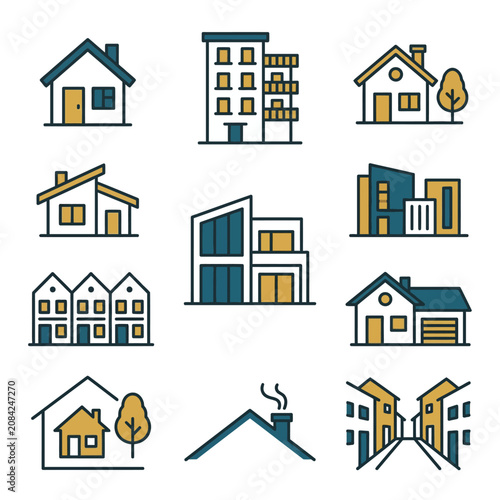 Set of minimalist house and building icons on white background