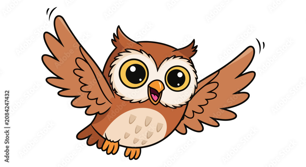 Fototapeta premium Cute Cartoon Owl with Large Eyes and Outstretched Wings.
