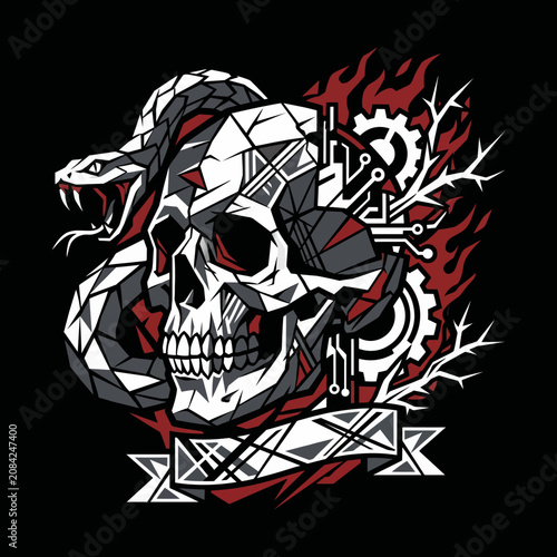 Modern skull illustration featuring a snake, gears and circuit board