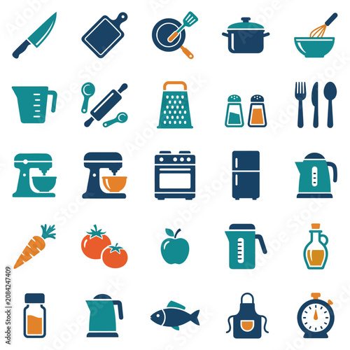 Flat vector icons of kitchen utensils and cooking tools