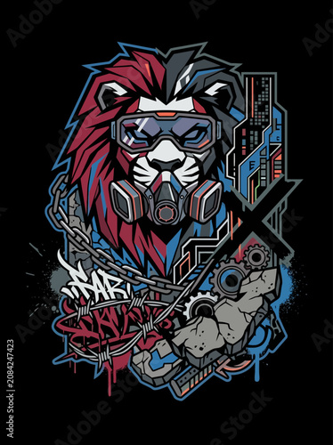 A bold lion head with gas mask and goggles illustration