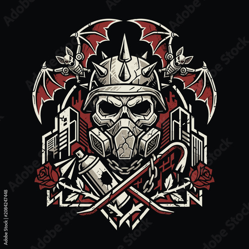 Gothic skull in gas mask and helmet with bats and roses