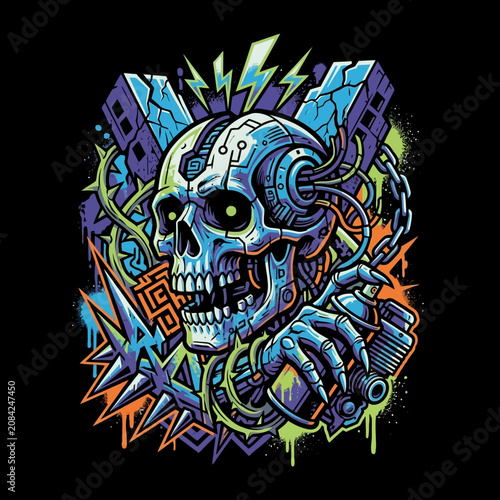 Vibrant cyber skull with graffiti and lightning bolt design