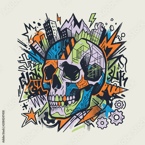 Vibrant skull design featuring city, nature and technology