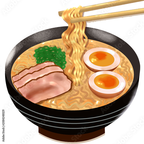 Illustration of chopsticks holding Japanese ramen noodles in a bowl