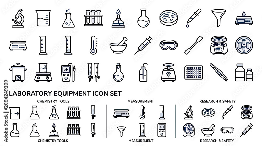 Naklejka premium Laboratory Equipment Icon Set - Science, Research, Chemistry Tools & Measurement