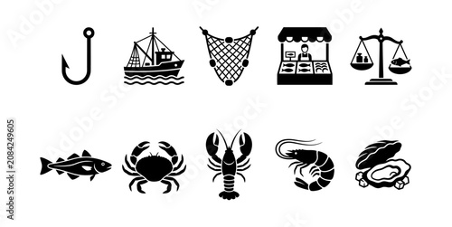 Tableau sur toile Fishing and seafood symbols displayed in rows