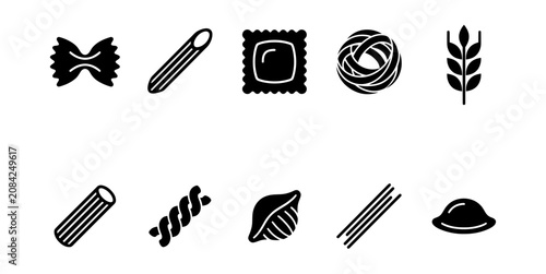Foto A set of black silhouettes showing different pasta shapes and wheat on a white b