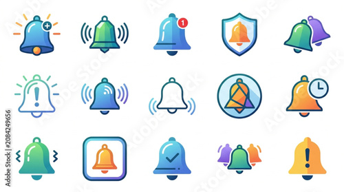 Collection of Notification Bell Icons in Various Styles and Colors.