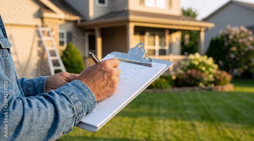 Home inspector writing on clipboard during professional residential property assessment with inspector property assessment clipboard inspection building maintenance