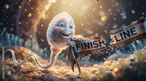 A smiling sperm cell superhero crosses the finish line triumphantly in a celebratory scene