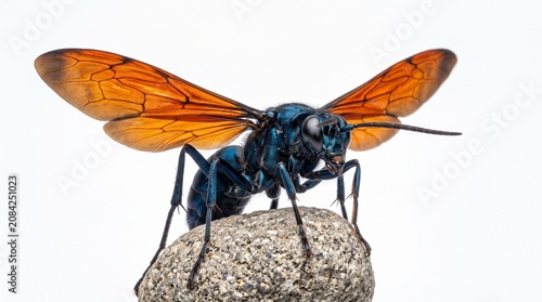 A macro shot of a large Tarantula Hawk Wasp (Pepsis formosa) with its deep orange wings fully extended