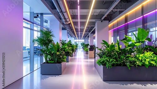 Modern office interior with green plants.