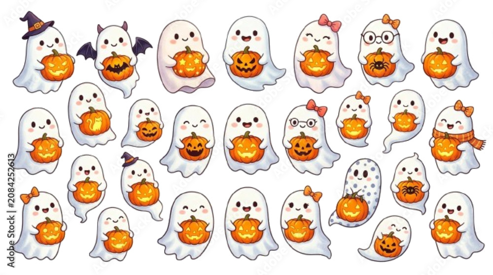 Fototapeta premium 25 unique ghosts holding jack-o'-lanterns, carved pumpkins, mini pumpkins and pumpkin baskets, isolated on white background.