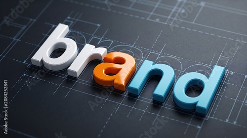 Modern 3D brand word logo typography on blueprint background for business marketing identity and corporate presentation.
