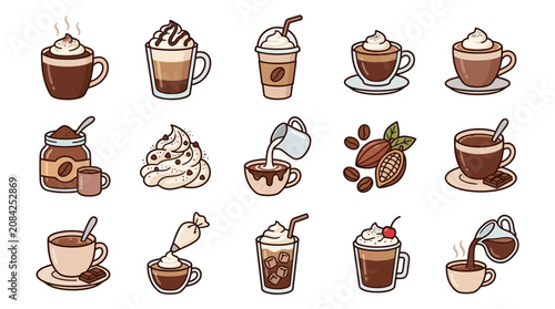 Coffee Drinks Collection: Espresso, Latte, Frappuccino, Cocoa, Mocha, Hot Chocolate Icons