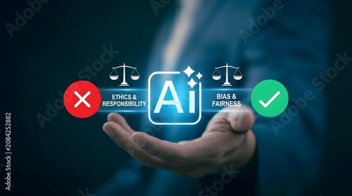 Artificial intelligence ethics and bias responsibility concept with scale icons in palm.