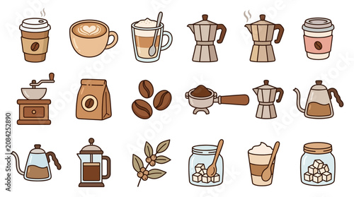 Coffee Elements Collection: Moka Pots, Grinder, Beans, Cups, French Press, Sugar