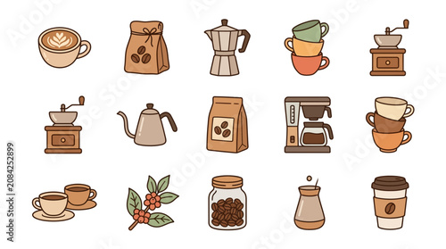 Coffee Elements Collection: Cups, Beans, Moka Pot, Grinder, Machine, Bags, and More