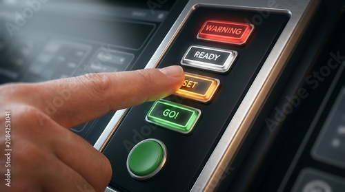 Hand pressing the set button on a modern control panel with ready and go options for industrial automation systems.