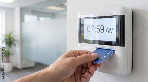 Employee Hand Swiping Access Card into Modern Office Time Clock Terminal for Morning Attendance and Secure Workspace.
