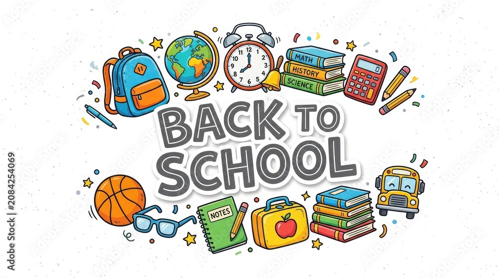 Fototapeta premium Vibrant back to school illustration with educational icons and supplies