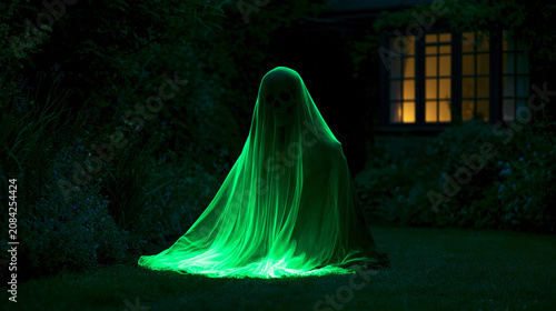 Haunted garden with hooded skeleton specter and dark copy space for halloween advertising