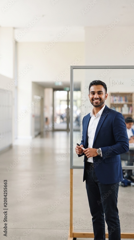 Fototapeta premium Smiling Male Teacher by Modern Classroom Board with Clean Copy Space