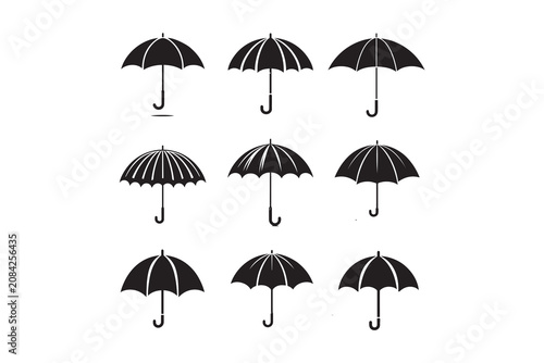 Umbrella Silhouette Vector Set, Rain Protection, Weather, Parasol and Waterproof Accessory Black Icons Collection Isolated on White Background