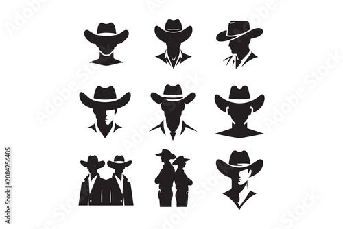 Western Cowboy Silhouette Vector Set, Rancher, Sheriff, Cowboy Hat, Wild West Character and American Western Icons Collection Isolated on White Background