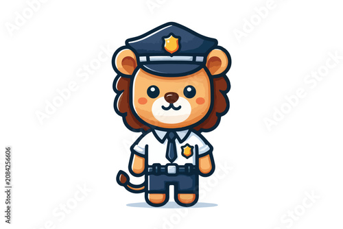 Cute Lion Police Mascot Character Vector Illustration – Adorable Cartoon Officer in Uniform for Logo, Sticker, Branding, Kids Design and Security Theme