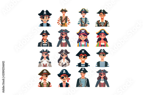 Cute Pirate Character Collection Vector Illustration – Cartoon Male and Female Buccaneer Avatars, Pirate Captain, Crew Members, Flat Design, Isolated on White Background