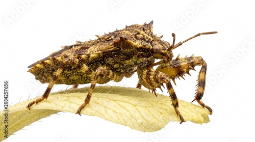 An extreme close-up of an Ambush Bug (Phymata) waiting on a small, pale yellow flower pedal against a flawless