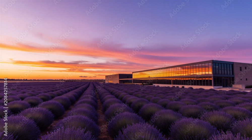 Fototapeta premium Rows of purple lavender flowers stretch towards a modern building at sunset. The sky displays vibrant orange and pink clouds. A tranquil evening scene blends nature and architecture.