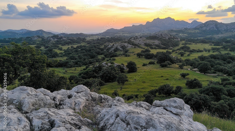 Obraz premium Scenic landscape view of mountains and valley at sunset