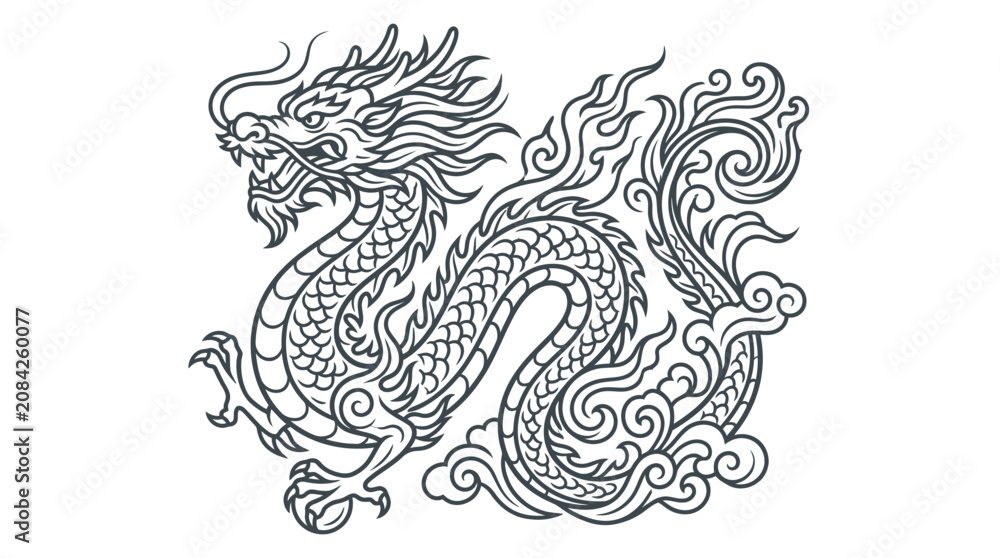 Obraz premium Traditional Chinese Dragon Illustration, Mythical Creature, Asian Art Style, Line Drawing