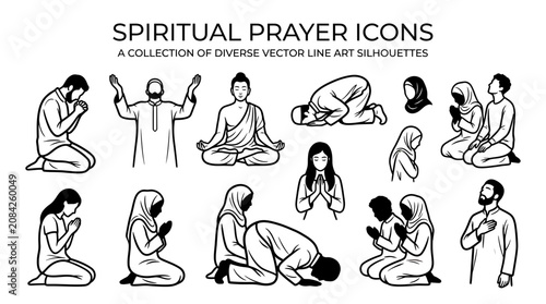 Spiritual Prayer Icons: Diverse Vector Line Art Silhouettes