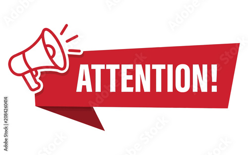 A red banner with a megaphone illustration displays the word ATTENTION in a bold graphic design element.