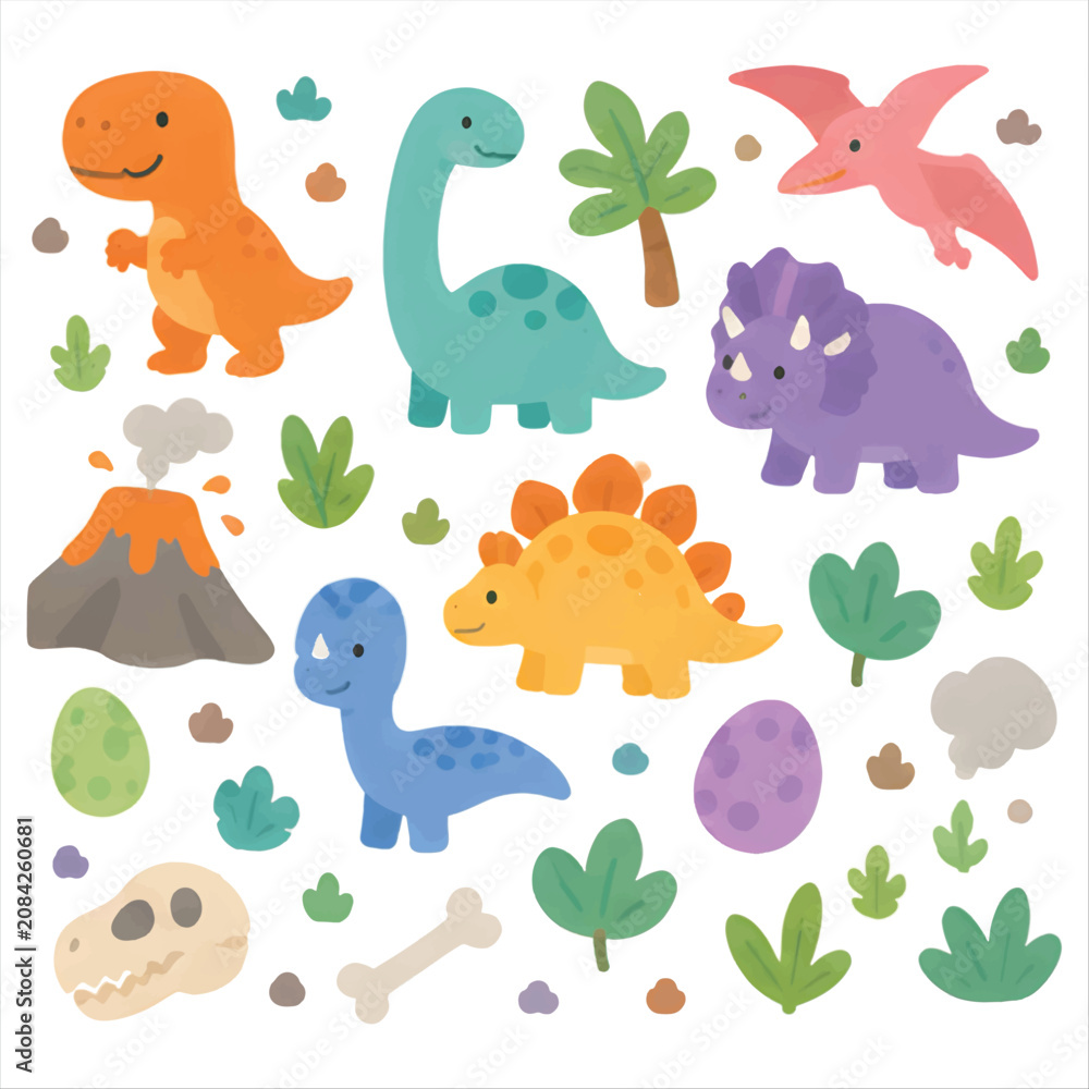 Obraz premium Colorful Cute Dinosaur Characters and Prehistoric Elements Collection Vector Design for Children's Illustration and Educational Media