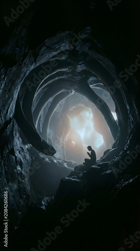 Silhouette of man praying inside whale rib cage tunnel, spiritual glowing light scene