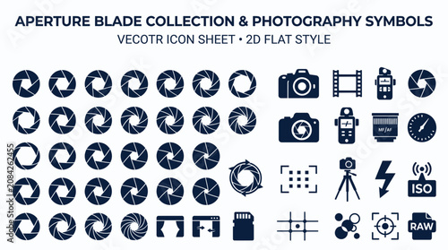 Konstfotografi Photography Icons Set: Aperture Blades, Cameras, Film, ISO, SD Card, Tripod