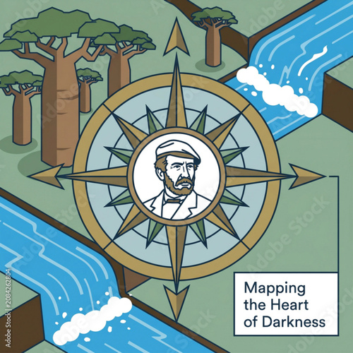 An illustration of a compass with Levingston's portrait on the background of a forest landscape with a river